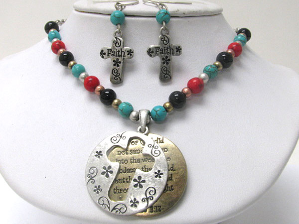 Faith message and cross pendant overlap and natural stone charm necklace and earring set