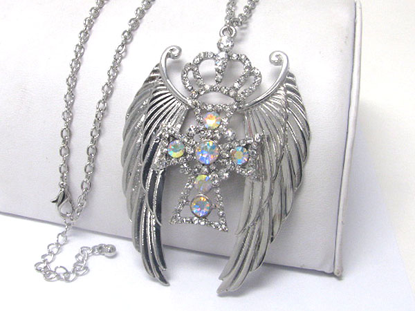 Crystal deco crown on cross and wing necklace