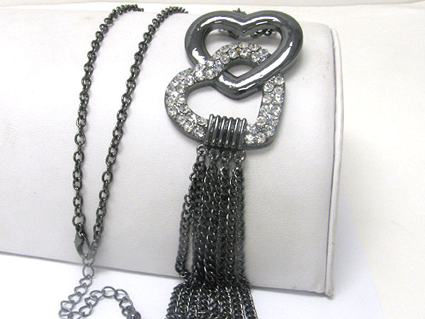 Crystal deco heart link and chain drop necklace