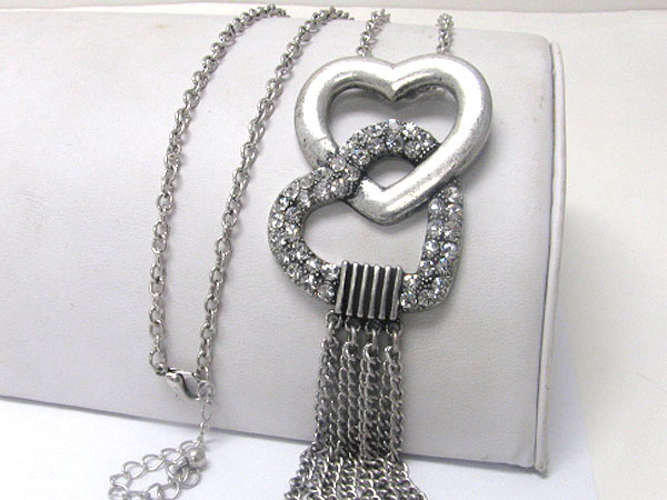 Crystal deco heart link and chain drop necklace