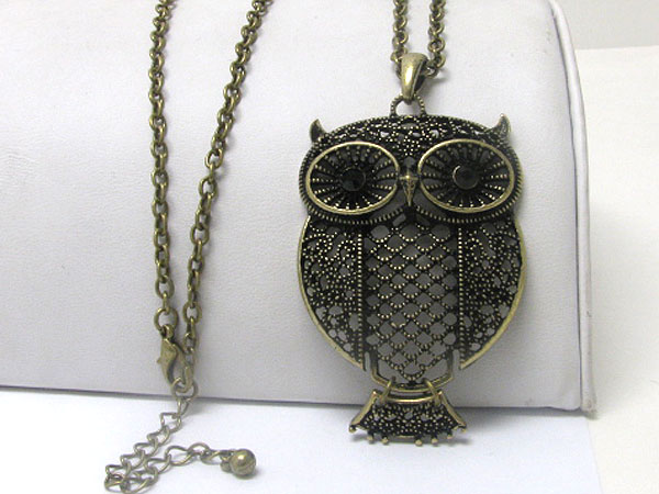 Burnish metal casting owl long necklace