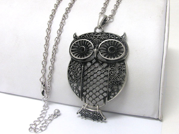 Burnish metal casting owl long necklace