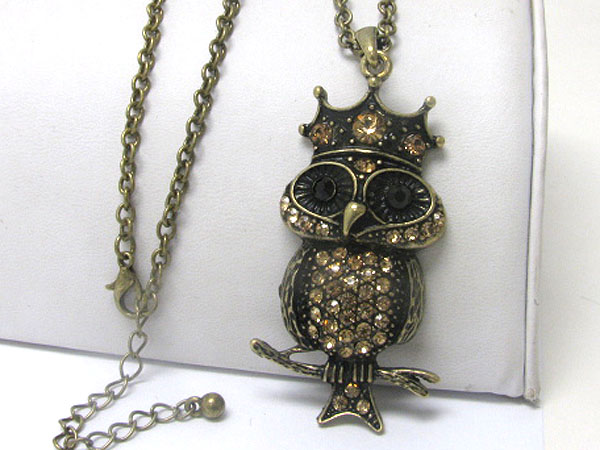 Crystal deco king owl long necklace