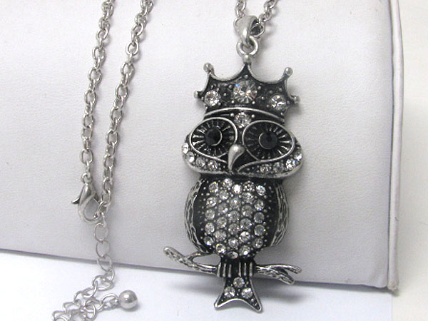 Crystal deco king owl long necklace