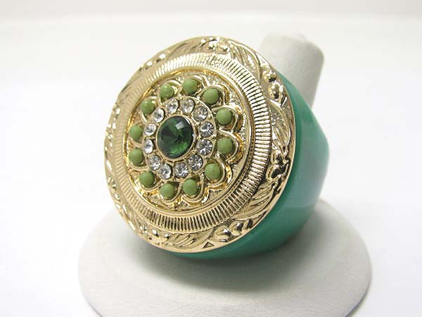 Crystal and beads deco round texturee metal formica ring