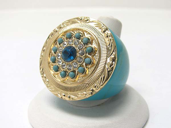 Crystal and beads deco round texturee metal formica ring