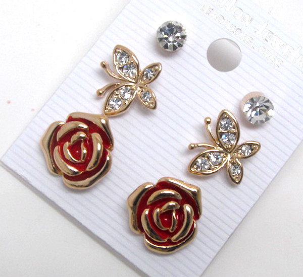 Crystal butterfly rose stone- three pair earring set  