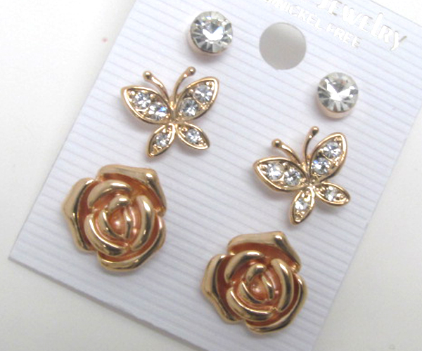 Crystal butterfly rose stone- three pair earring set  