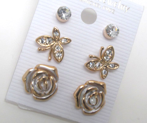 Crystal butterfly rose stone- three pair earring set  