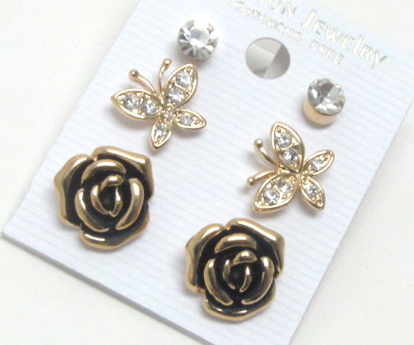 Crystal butterfly rose stone- three pair earring set  