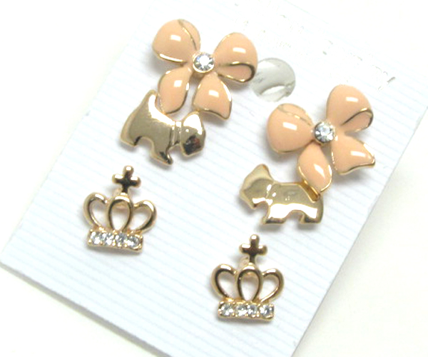 Crystal ribbon dog crown-three pair earring set