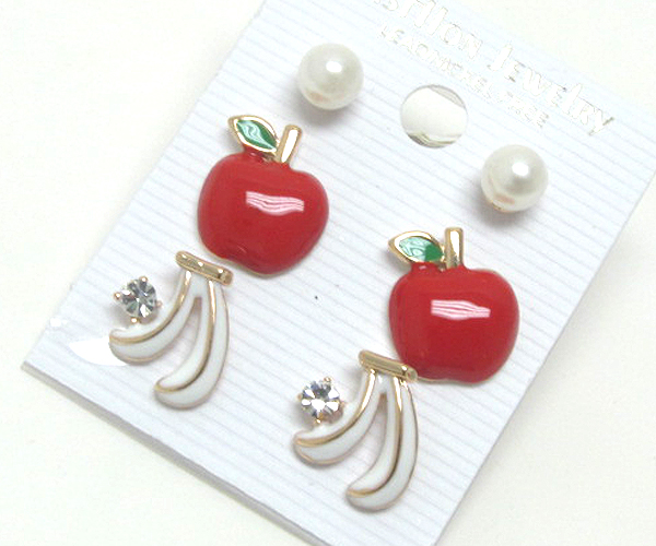 Pearl crystal apple bannana- three pair earring set