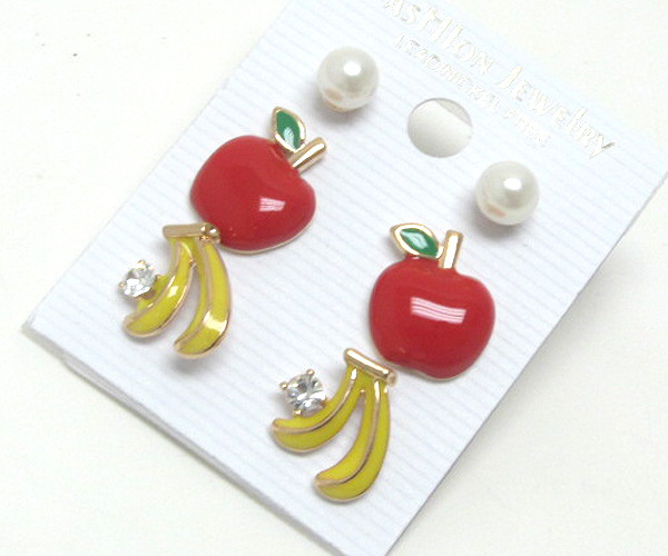 Pearl crystal apple bannana- three pair earring set