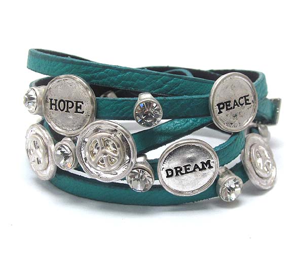 Crystal deco hope dream peace theme leatherette wrap bracelet