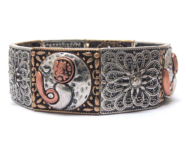 Multi metal square filigree and textered stretch bracelet