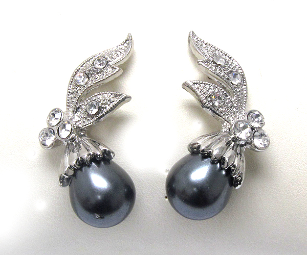 Crystal leaf with pearl stud earring