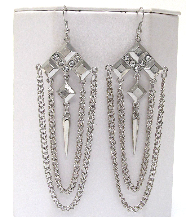 Crystal and metal square drop one spike with drop chain  earring