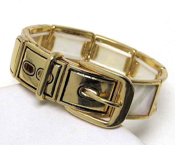 Natural mother of pearl disk buckle style magnetic stretch bracelet