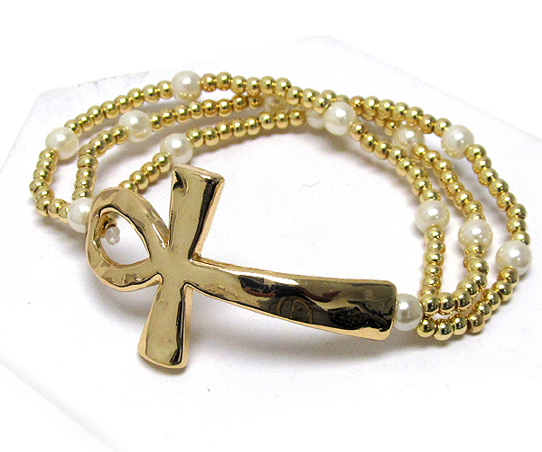 Metal hammerd ankh cross and metal beads with pearl stretch bracelet