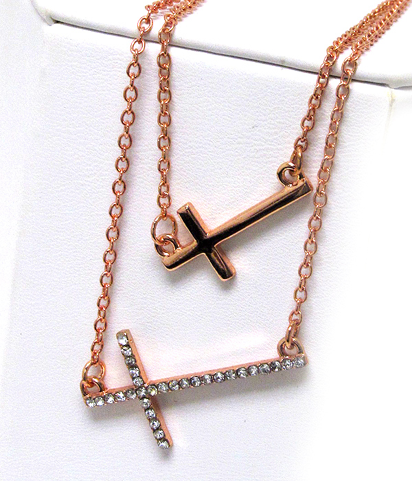 Crystal double cross drop chain necklace 