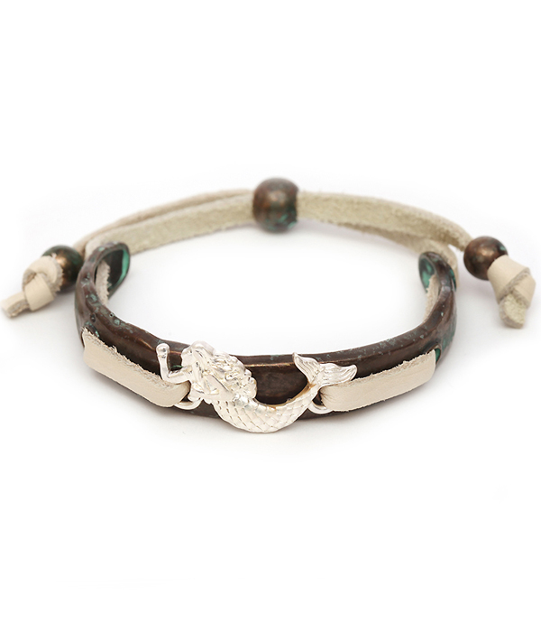 Sealife theme metal and leather band bracelet - mermaid