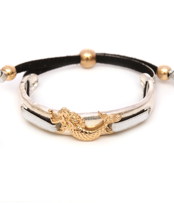 Sealife theme metal and leather band bracelet - mermaid