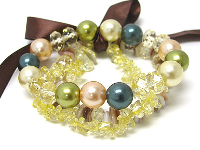 Glass pearl and natural chip stone stretch bracelet - robbon tied