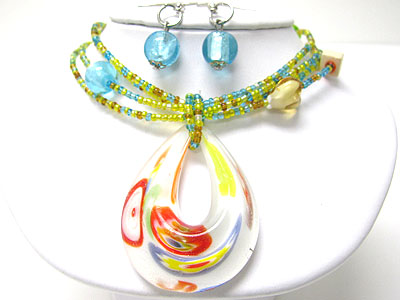 Murano glass tear shape pendant multi beads strand necklace set