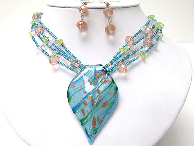 Murano glass leave shape pendant multi beads strand necklace set