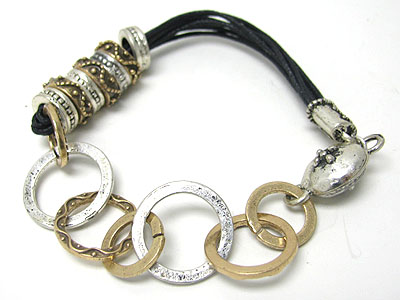 Two tone burnish metal and multi cord link bracelet