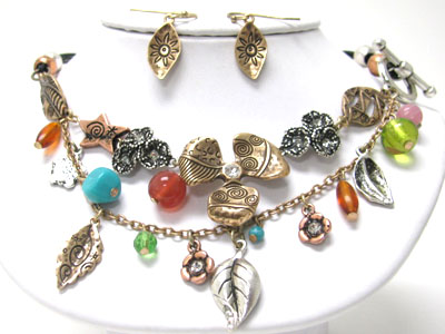 Tri tone burnish metal leaves and flower dangle double layer necklace set