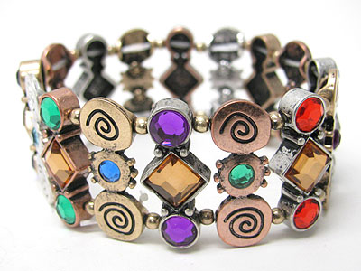 Crystal stud tri tone metal stretch bracelet