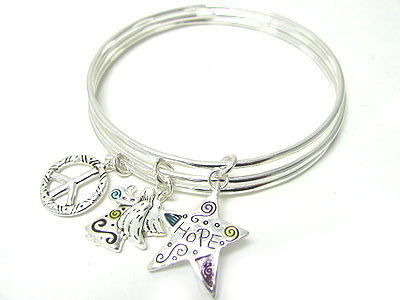 Multi peace mark angel and star charm multi metal bangle