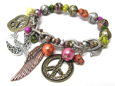 Peace theme charm mixed natural stone and metal beads link stretch bracelet