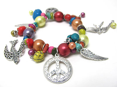 Peace theme charm mixed natural stone and metal beads link stretch bracelet