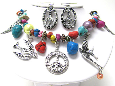 Peace theme charm mixed natural stone and metal beads necklace set