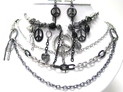 Multi peace theme charm dangle long chain necklace set