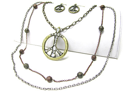 Crystal stud peace charm mixed long chain necklace set