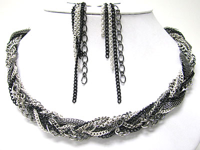 Tri tone braided metal chain necklace set