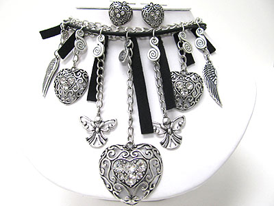 Crystal stud metal filigree heart and multi charm dangle sude and chain necklace set