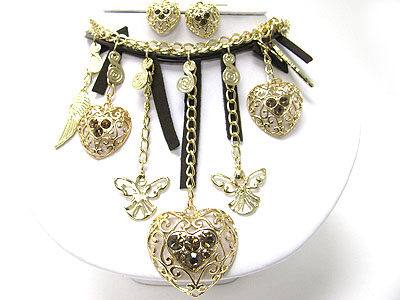 Crystal stud metal filigree heart and multi charm dangle sude and chain necklace set