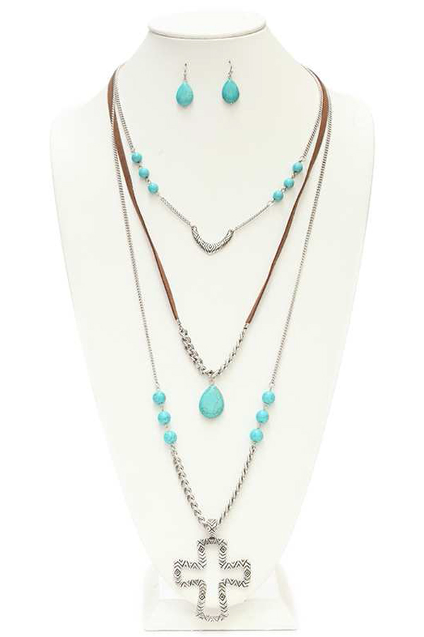 Cross and turquoise pendant three layer cord and chain mix necklace set