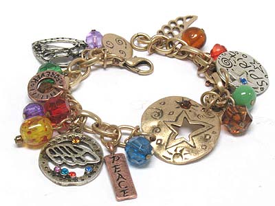 Star pattern cut out disk and multi beads and crystal stud charms bracelet