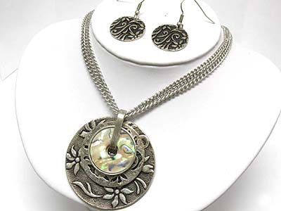 Metal filigree and abalne disk layer necklace and earring set