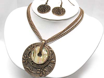 Metal filigree and abalne disk layer necklace and earring set