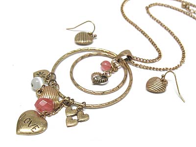 Love theme dual round peandan and beds and stond dangle neckale and earring set