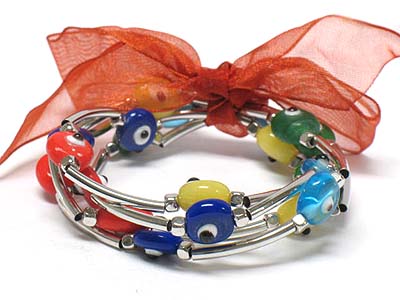 Multi row evil eye beads link stretch bracelet