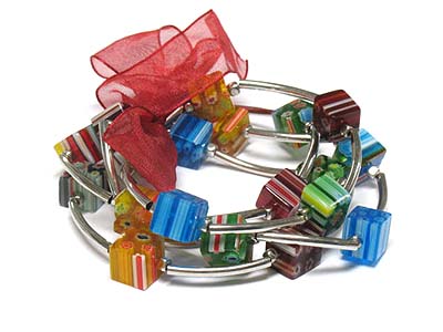 Multi row candy cube beads link stretch bracelet