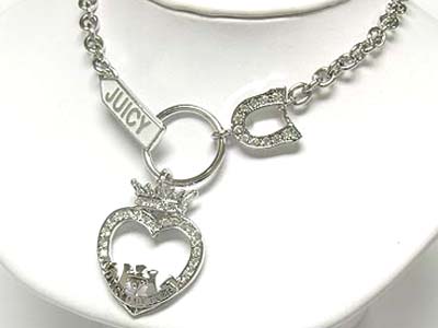 Made in korea whitegold plating designer inspired crystal large crown and heart dangle toggle necklace