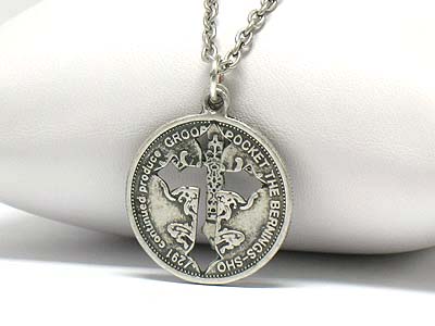 Antique style cross cut cout coin pendant necklace